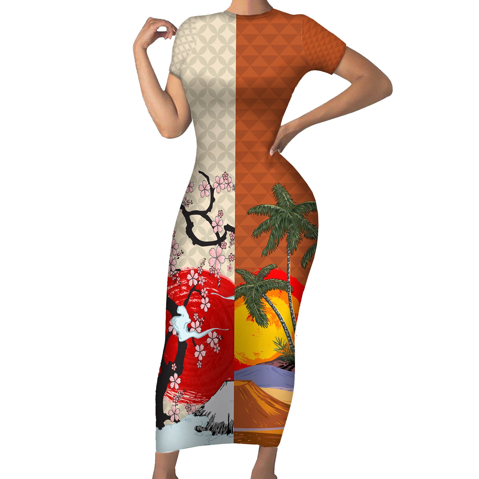 Pan-Pacific Festival Short Sleeve Bodycon Dress Mauna Kea and Fuji Mountains