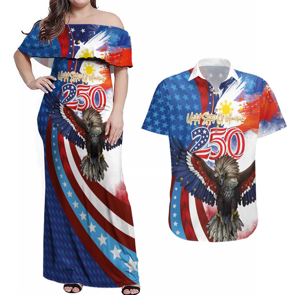 Philippines and United States Semiquincentennial Couples Matching Off Shoulder Maxi Dress and Hawaiian Shirt Eagle and National Flag Style LT03 Multicolor - Polynesian Pride