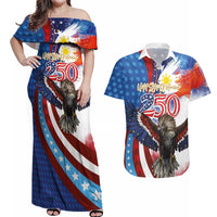 Philippines and United States Semiquincentennial Couples Matching Off Shoulder Maxi Dress and Hawaiian Shirt Eagle and National Flag Style LT03 Multicolor - Polynesian Pride