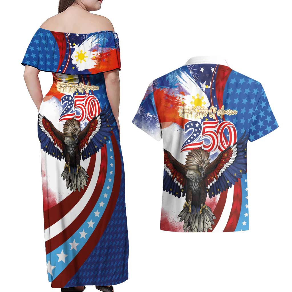 Philippines and United States Semiquincentennial Couples Matching Off Shoulder Maxi Dress and Hawaiian Shirt Eagle and National Flag Style LT03 - Polynesian Pride
