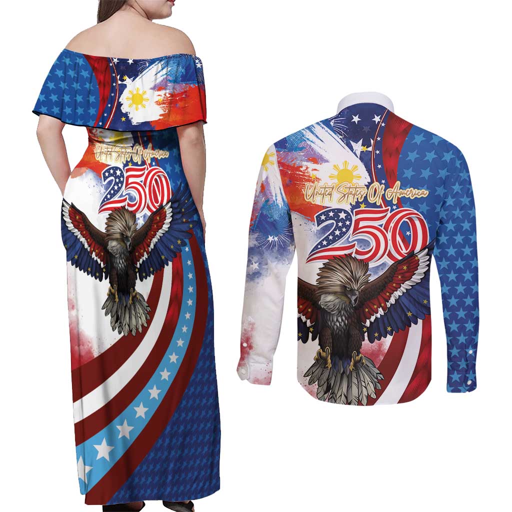 Philippines and United States Semiquincentennial Couples Matching Off Shoulder Maxi Dress and Long Sleeve Button Shirt Eagle and National Flag Style LT03 - Polynesian Pride