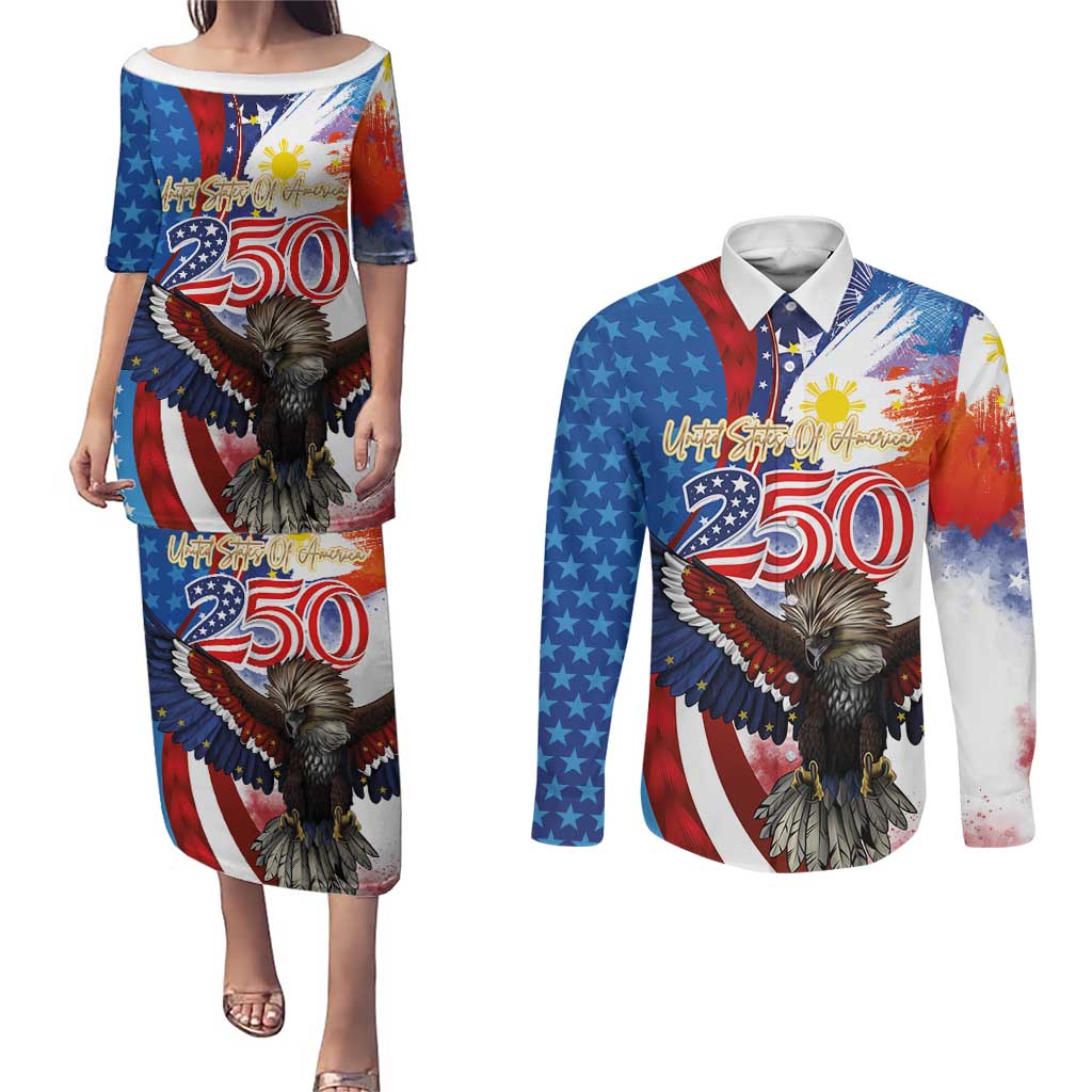 Philippines and United States Semiquincentennial Couples Matching Puletasi and Long Sleeve Button Shirt Eagle and National Flag Style LT03 Multicolor - Polynesian Pride