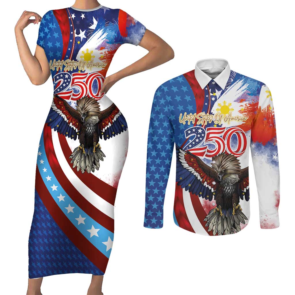 Philippines and United States Semiquincentennial Couples Matching Short Sleeve Bodycon Dress and Long Sleeve Button Shirt Eagle and National Flag Style LT03 Multicolor - Polynesian Pride