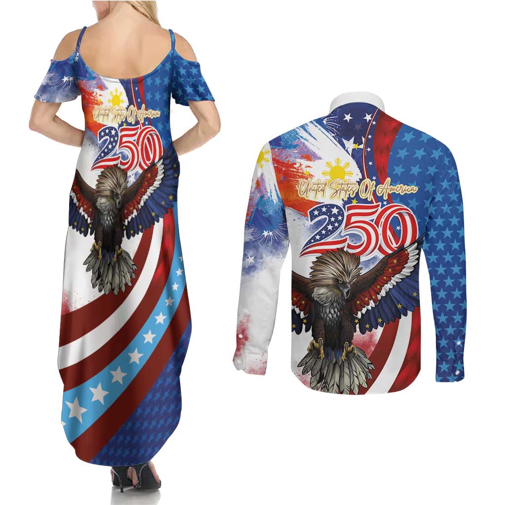 Philippines and United States Semiquincentennial Couples Matching Summer Maxi Dress and Long Sleeve Button Shirt Eagle and National Flag Style LT03 - Polynesian Pride