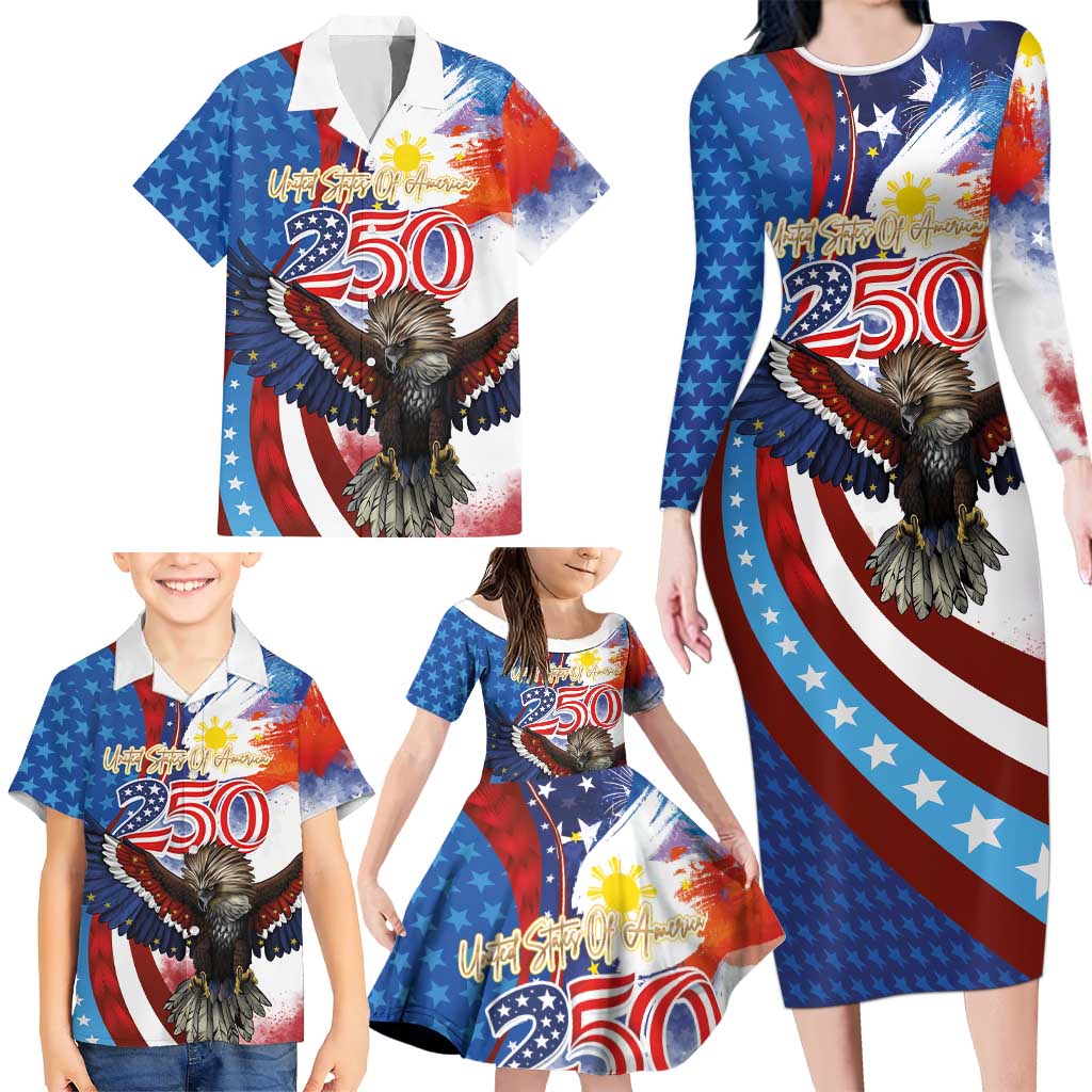 Philippines and United States Semiquincentennial Family Matching Long Sleeve Bodycon Dress and Hawaiian Shirt Eagle and National Flag Style