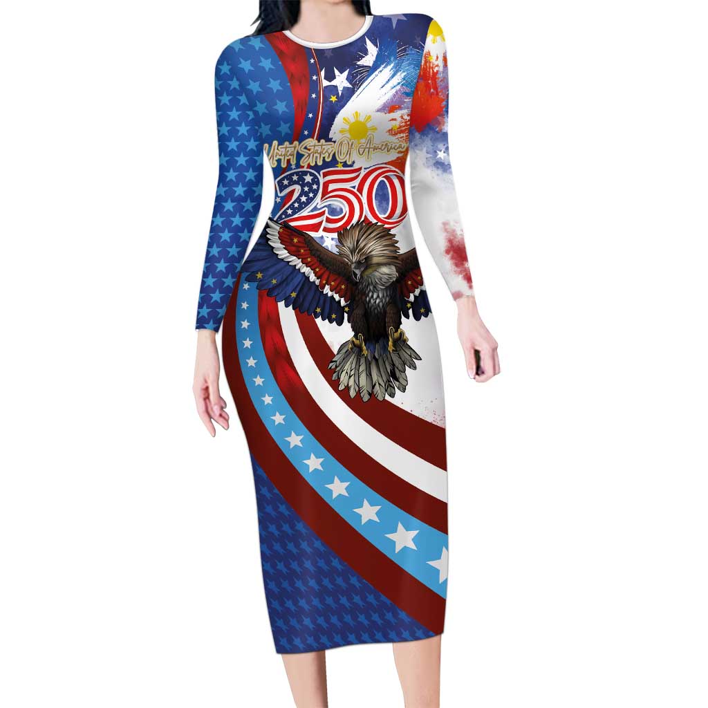 Philippines and United States Semiquincentennial Long Sleeve Bodycon Dress Eagle and National Flag Style LT03 Long Dress Multicolor - Polynesian Pride
