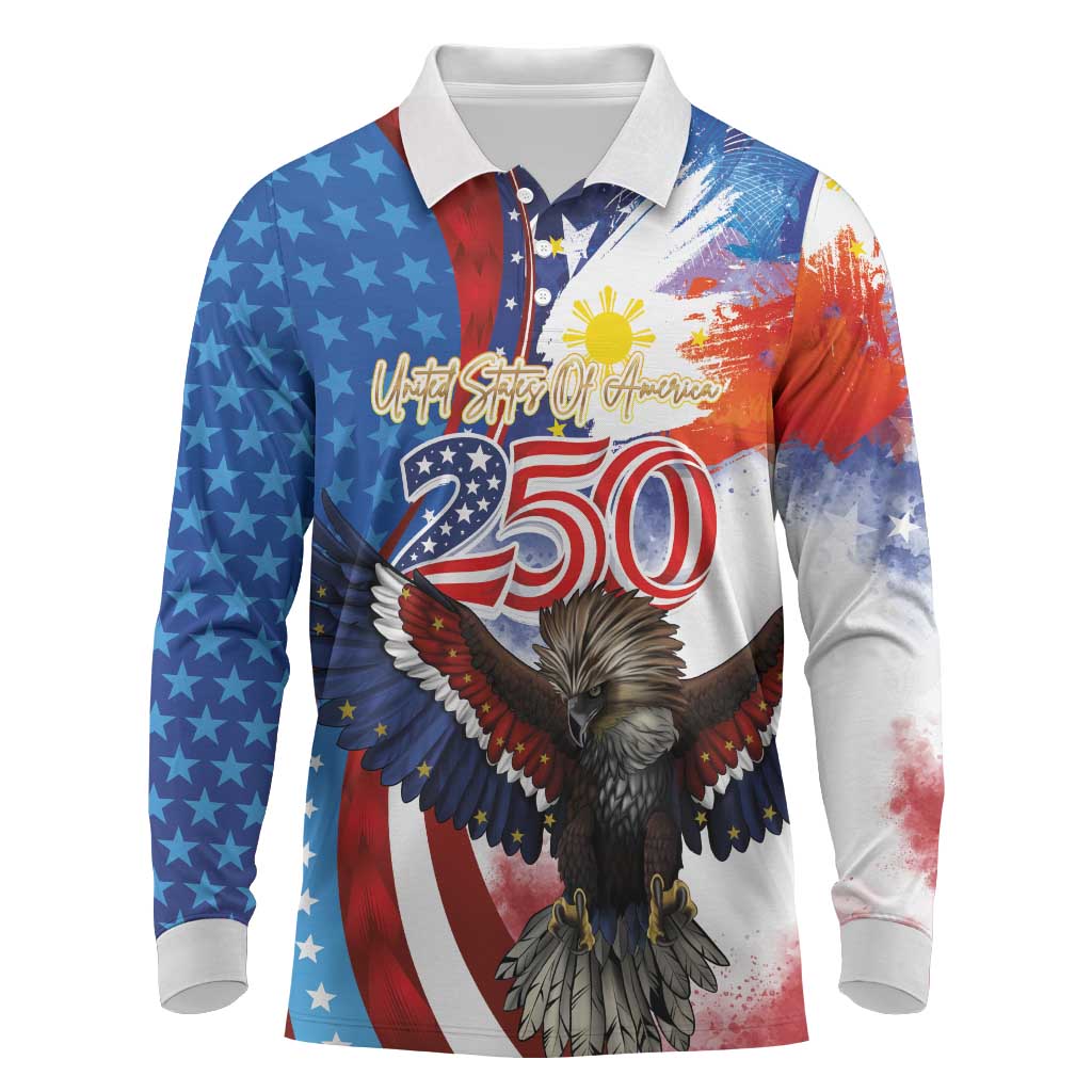 Philippines and United States Semiquincentennial Long Sleeve Polo Shirt Eagle and National Flag Style