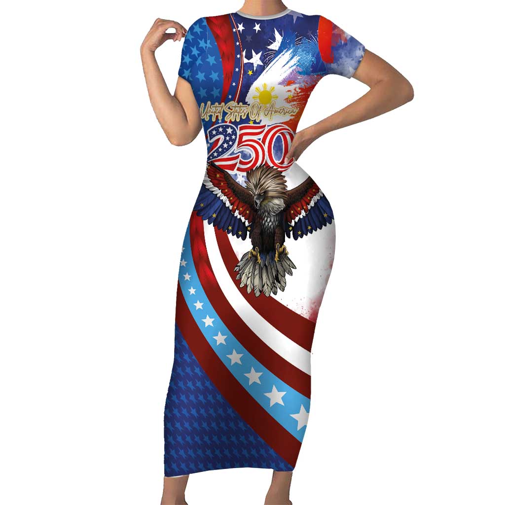 Philippines and United States Semiquincentennial Short Sleeve Bodycon Dress Eagle and National Flag Style LT03 Long Dress Multicolor - Polynesian Pride