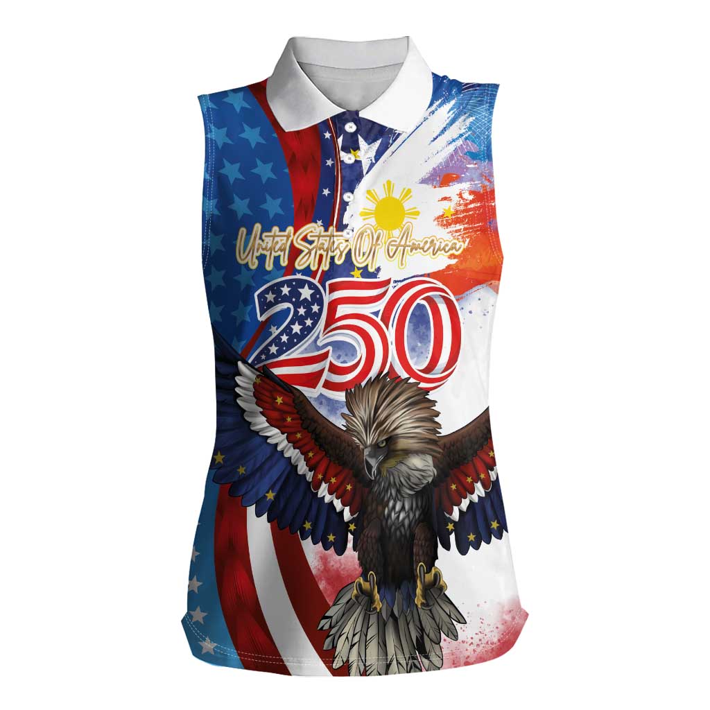 Philippines and United States Semiquincentennial Women Sleeveless Polo Shirt Eagle and National Flag Style