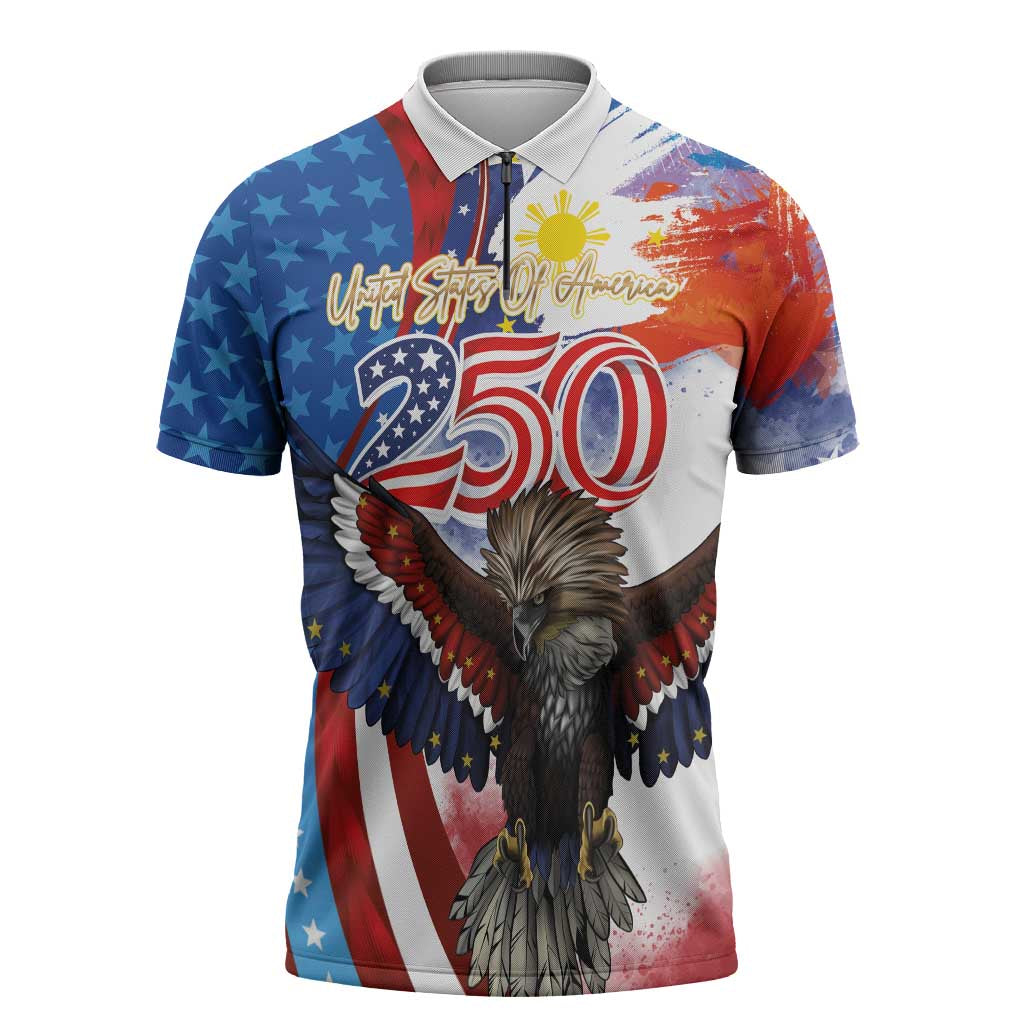 Philippines and United States Semiquincentennial Zipper Polo Shirt Eagle and National Flag Style