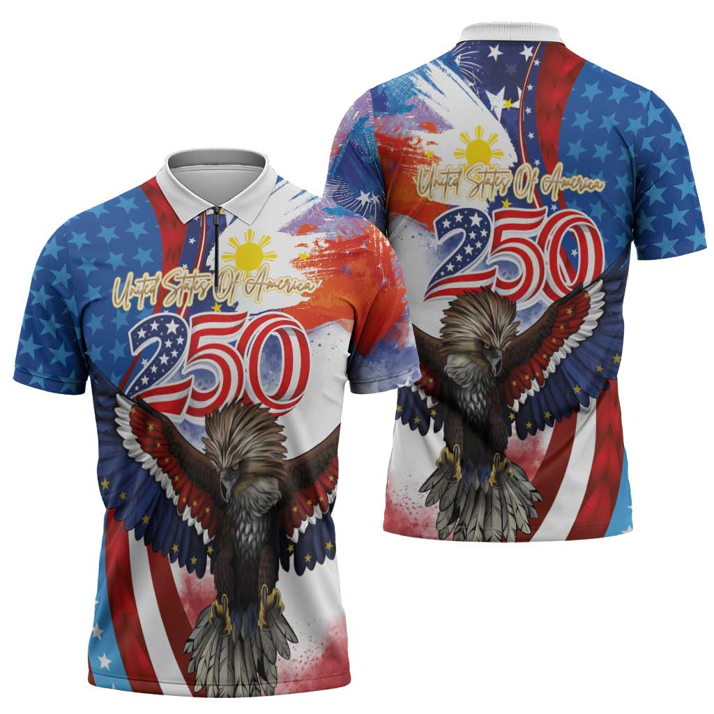 Philippines and United States Semiquincentennial Zipper Polo Shirt Eagle and National Flag Style