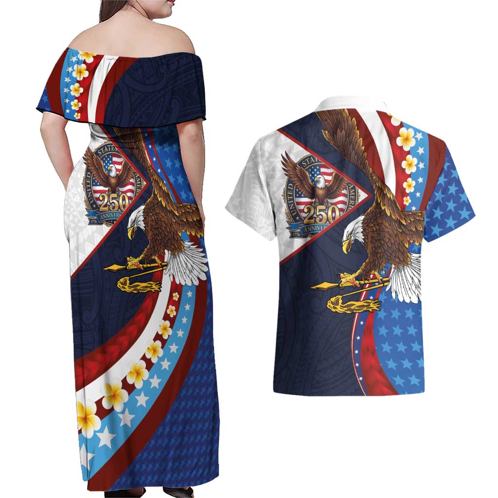 American Samoa and United States Semiquincentennial Couples Matching Off Shoulder Maxi Dress and Hawaiian Shirt Bald Eagle with National Flag Style LT03 - Polynesian Pride