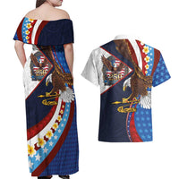 American Samoa and United States Semiquincentennial Couples Matching Off Shoulder Maxi Dress and Hawaiian Shirt Bald Eagle with National Flag Style LT03 - Polynesian Pride