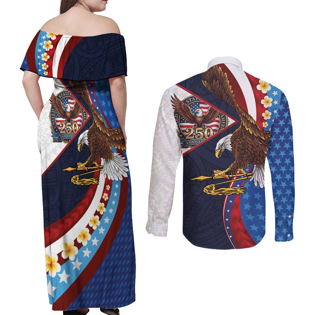 American Samoa and United States Semiquincentennial Couples Matching Off Shoulder Maxi Dress and Long Sleeve Button Shirt Bald Eagle with National Flag Style LT03 - Polynesian Pride