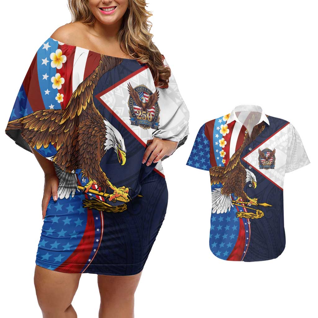 American Samoa and United States Semiquincentennial Couples Matching Off Shoulder Short Dress and Hawaiian Shirt Bald Eagle with National Flag Style LT03 Multicolor - Polynesian Pride
