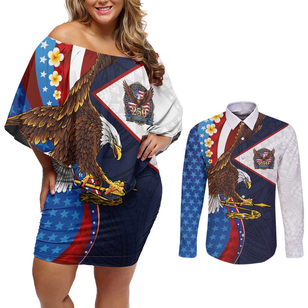 American Samoa and United States Semiquincentennial Couples Matching Off Shoulder Short Dress and Long Sleeve Button Shirt Bald Eagle with National Flag Style LT03 Multicolor - Polynesian Pride