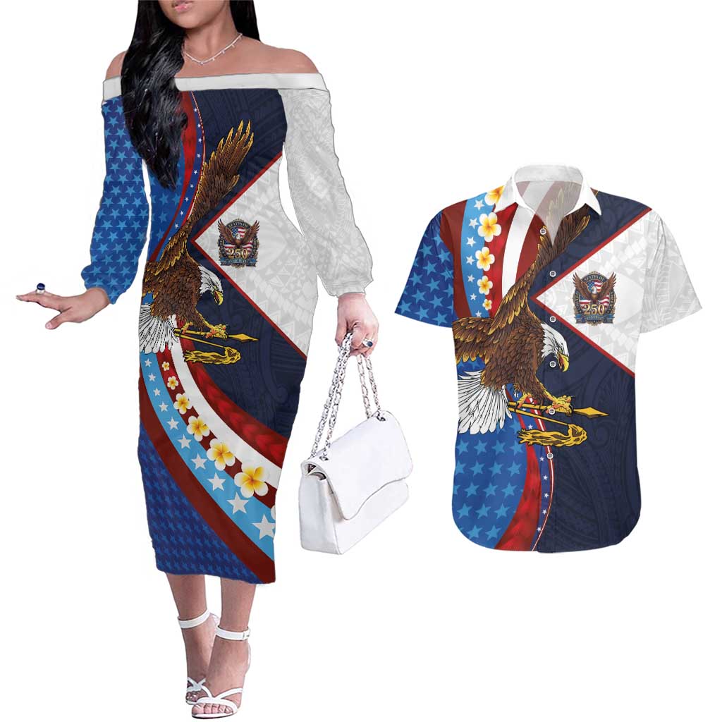 American Samoa and United States Semiquincentennial Couples Matching Off The Shoulder Long Sleeve Dress and Hawaiian Shirt Bald Eagle with National Flag Style