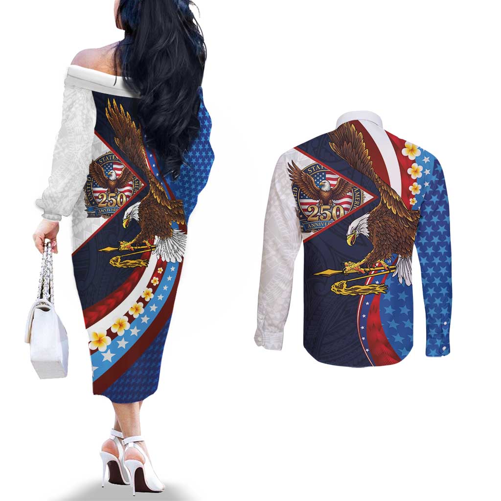 American Samoa and United States Semiquincentennial Couples Matching Off The Shoulder Long Sleeve Dress and Long Sleeve Button Shirt Bald Eagle with National Flag Style LT03 - Polynesian Pride