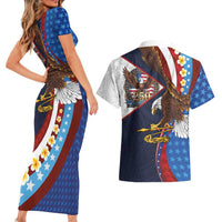 American Samoa and United States Semiquincentennial Couples Matching Short Sleeve Bodycon Dress and Hawaiian Shirt Bald Eagle with National Flag Style