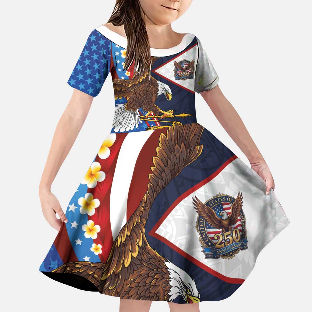 American Samoa and United States Semiquincentennial Family Matching Off Shoulder Short Dress and Hawaiian Shirt Bald Eagle with National Flag Style LT03 Daughter's Dress Multicolor - Polynesian Pride