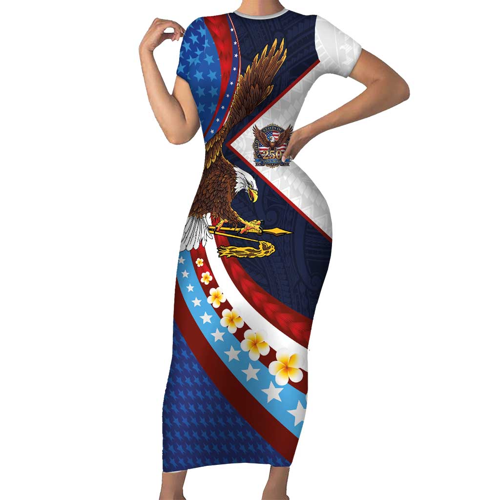 American Samoa and United States Semiquincentennial Short Sleeve Bodycon Dress Bald Eagle with National Flag Style LT03 Long Dress Multicolor - Polynesian Pride
