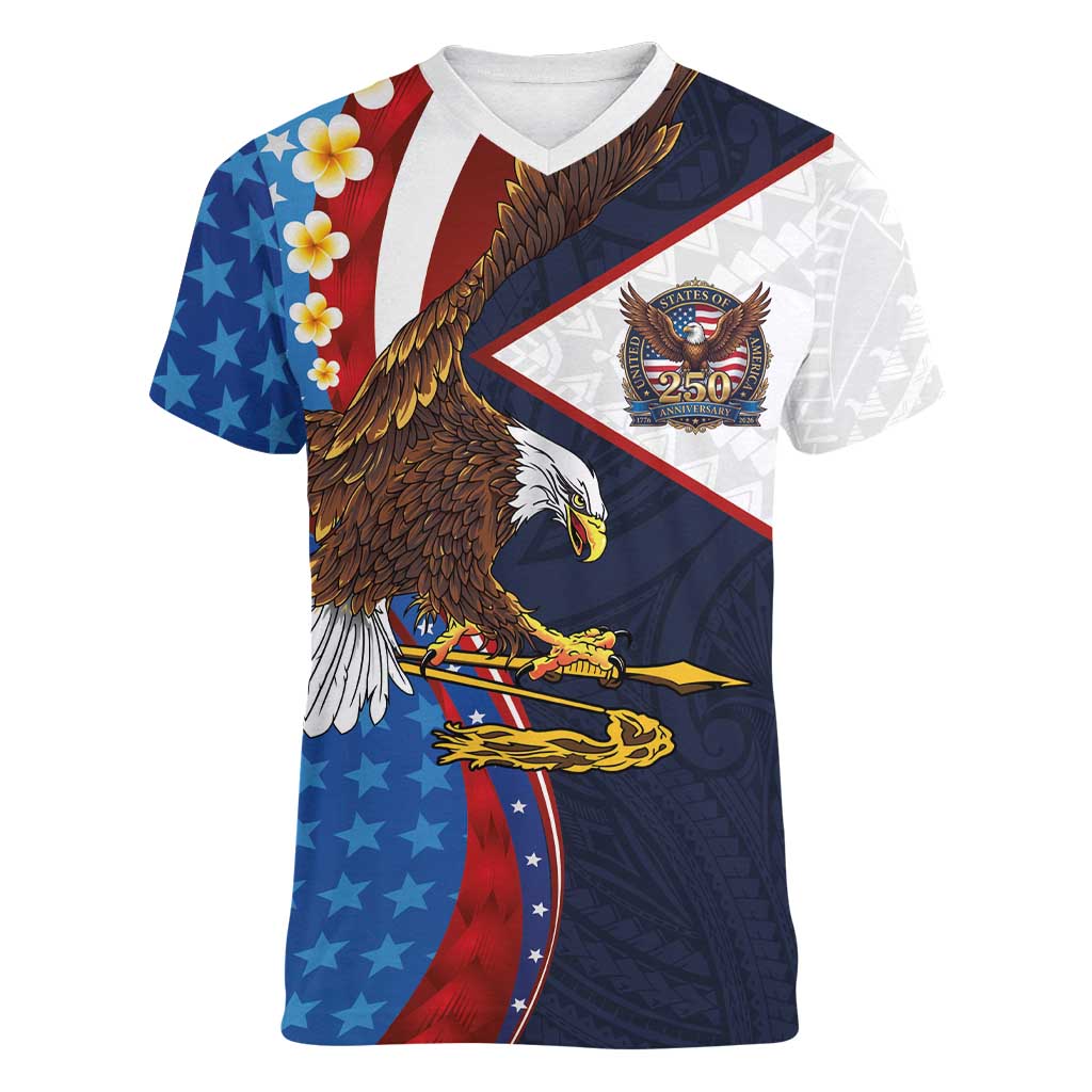 American Samoa and United States Semiquincentennial Women V-Neck T-Shirt Bald Eagle with National Flag Style