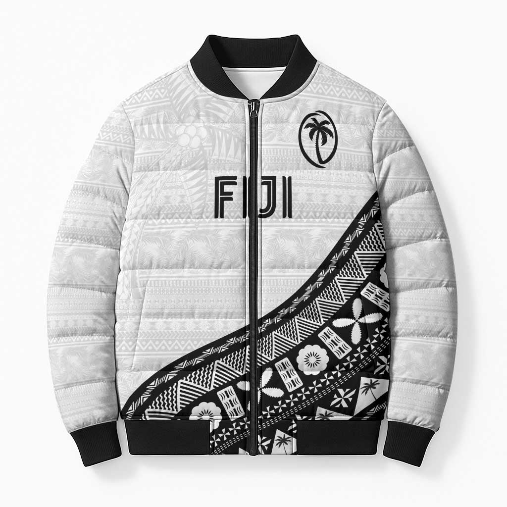 Custom Fijian Rugby Bomber Puffer Jacket Tapa Pattern and Palm Tree Tribal