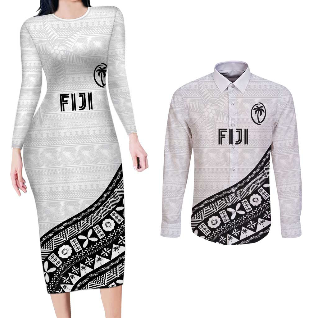 Custom Fijian Rugby Couples Matching Long Sleeve Bodycon Dress and Long Sleeve Button Shirt Tapa Pattern and Palm Tree Tribal LT03 White - Polynesian Pride