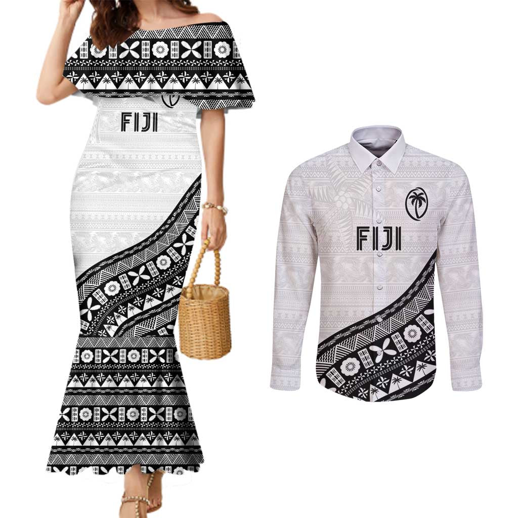 Custom Fijian Rugby Couples Matching Mermaid Dress and Long Sleeve Button Shirt Tapa Pattern and Palm Tree Tribal LT03 White - Polynesian Pride