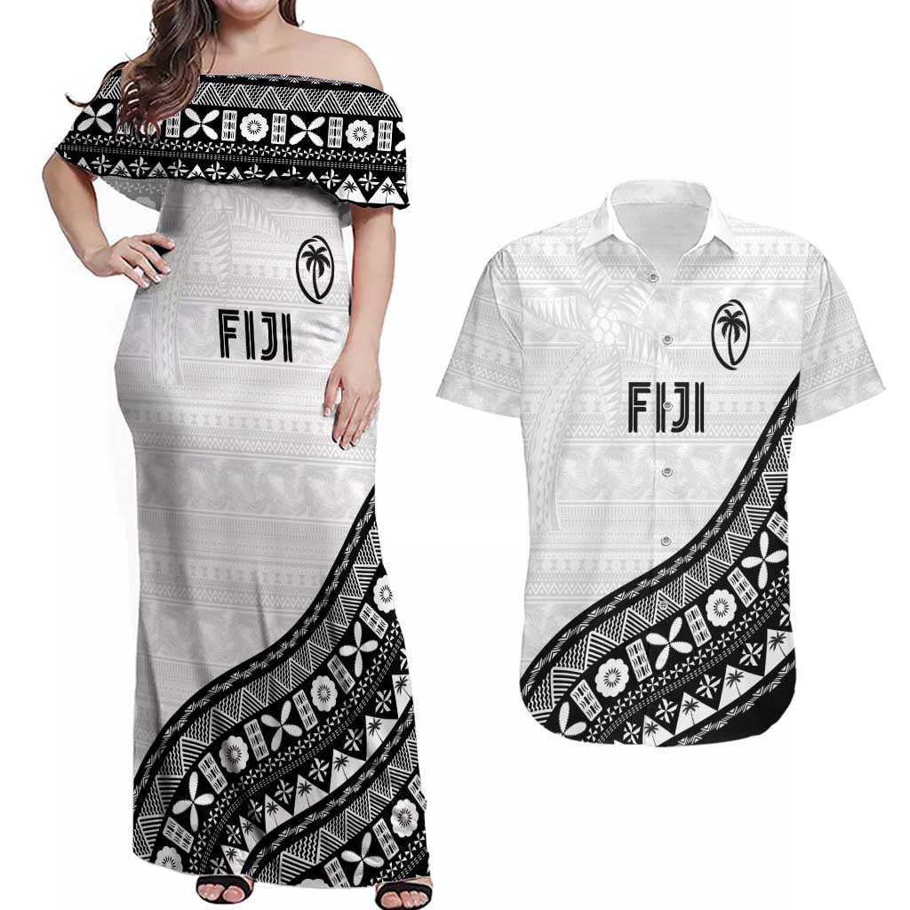 Custom Fijian Rugby Couples Matching Off Shoulder Maxi Dress and Hawaiian Shirt Tapa Pattern and Palm Tree Tribal LT03 White - Polynesian Pride