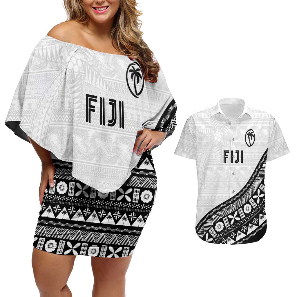 Custom Fijian Rugby Couples Matching Off Shoulder Short Dress and Hawaiian Shirt Tapa Pattern and Palm Tree Tribal LT03 White - Polynesian Pride