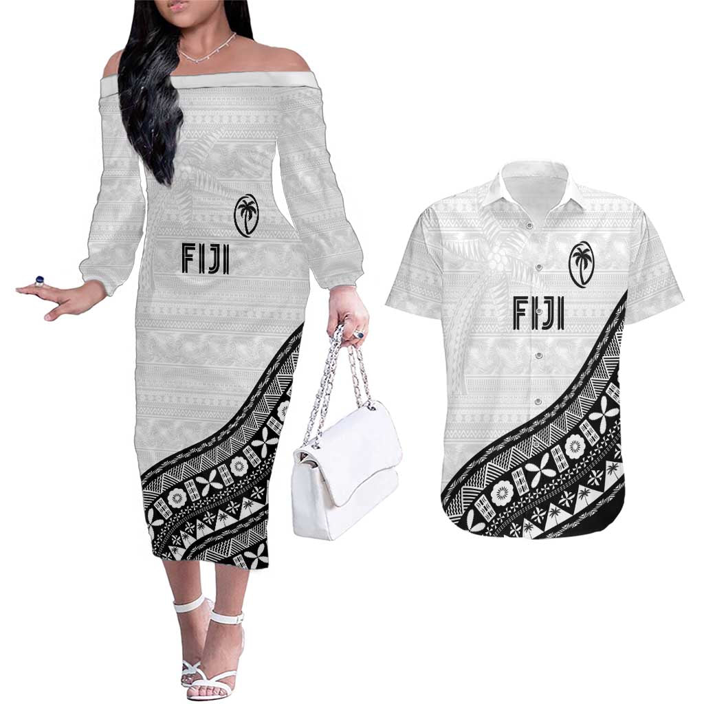 Custom Fijian Rugby Couples Matching Off The Shoulder Long Sleeve Dress and Hawaiian Shirt Tapa Pattern and Palm Tree Tribal LT03 White - Polynesian Pride