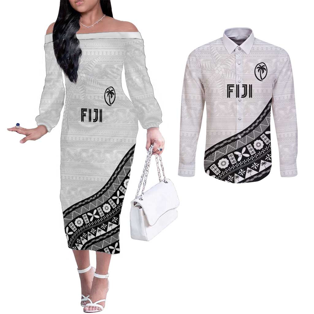 Custom Fijian Rugby Couples Matching Off The Shoulder Long Sleeve Dress and Long Sleeve Button Shirt Tapa Pattern and Palm Tree Tribal LT03 White - Polynesian Pride
