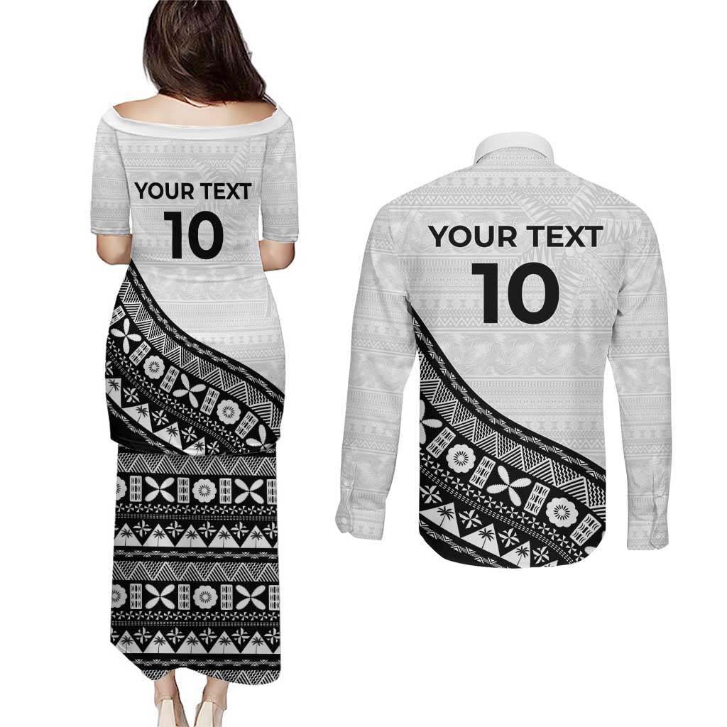 Custom Fijian Rugby Couples Matching Puletasi and Long Sleeve Button Shirt Tapa Pattern and Palm Tree Tribal