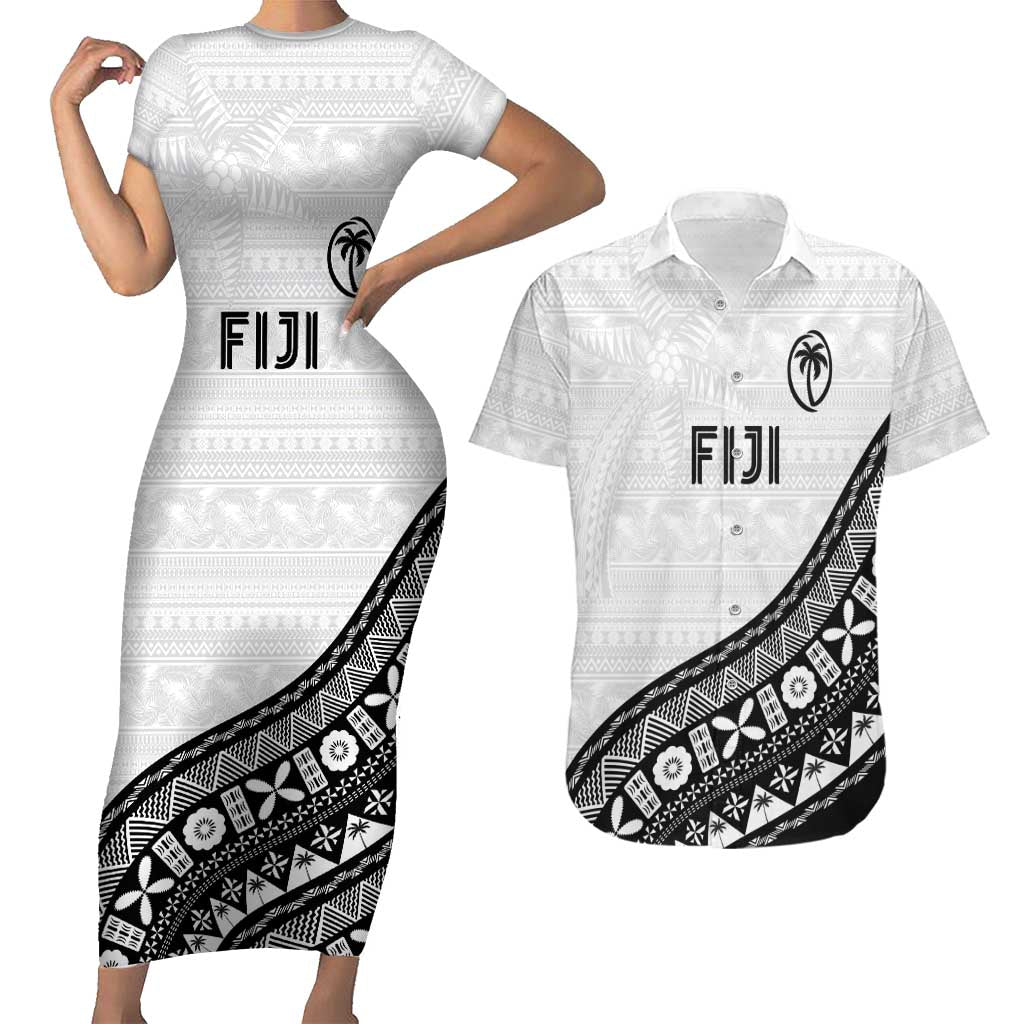 Custom Fijian Rugby Couples Matching Short Sleeve Bodycon Dress and Hawaiian Shirt Tapa Pattern and Palm Tree Tribal LT03 White - Polynesian Pride