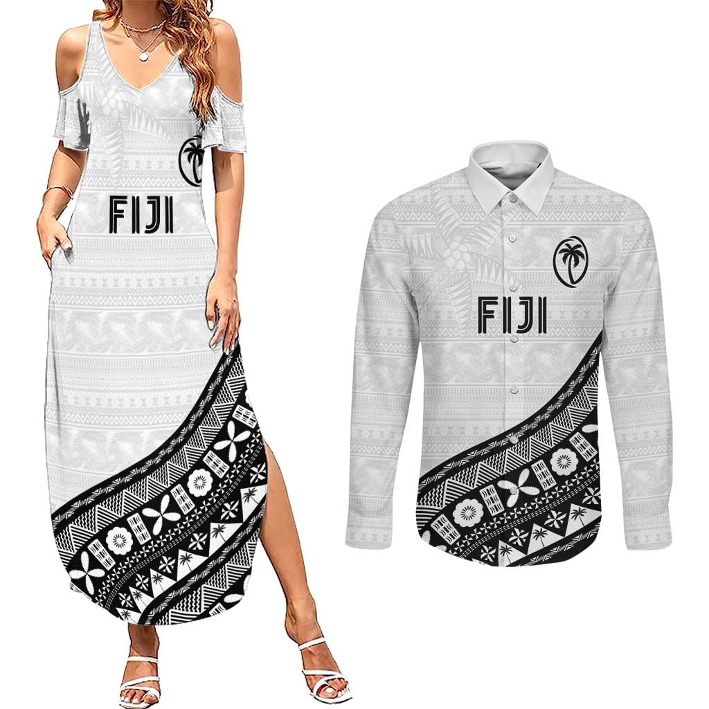 Custom Fijian Rugby Couples Matching Summer Maxi Dress and Long Sleeve Button Shirt Tapa Pattern and Palm Tree Tribal LT03 White - Polynesian Pride