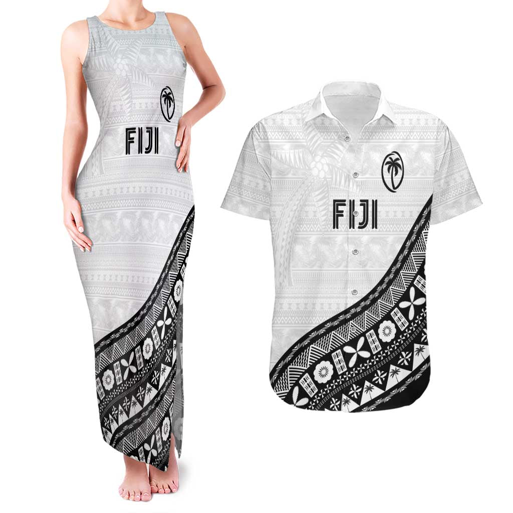 Custom Fijian Rugby Couples Matching Tank Maxi Dress and Hawaiian Shirt Tapa Pattern and Palm Tree Tribal LT03 White - Polynesian Pride