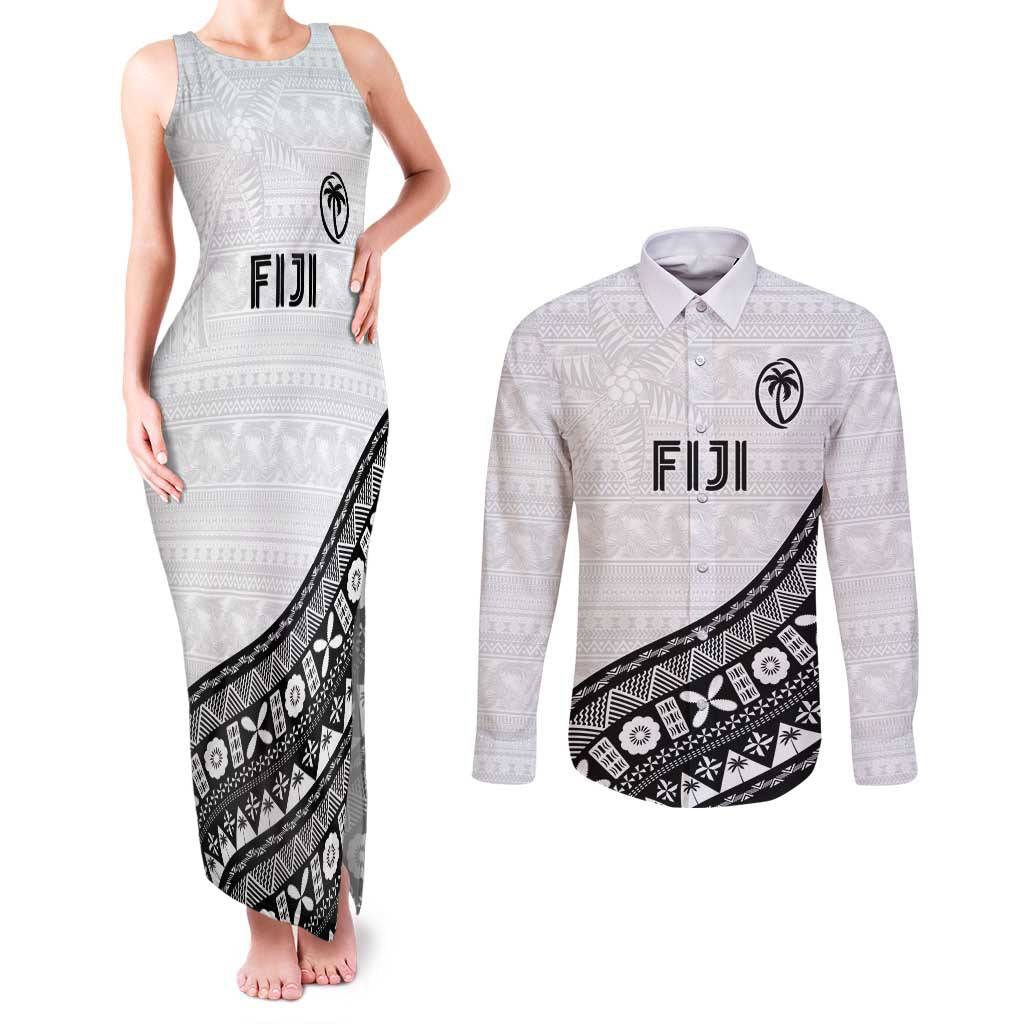 Custom Fijian Rugby Couples Matching Tank Maxi Dress and Long Sleeve Button Shirt Tapa Pattern and Palm Tree Tribal LT03 White - Polynesian Pride