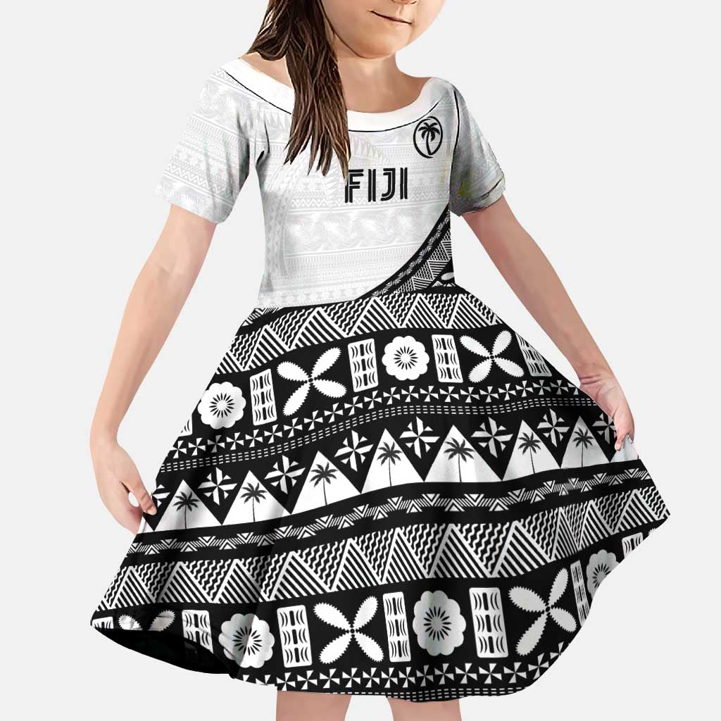 Custom Fijian Rugby Family Matching Long Sleeve Bodycon Dress and Hawaiian Shirt Tapa Pattern and Palm Tree Tribal LT03 Daughter's Dress White - Polynesian Pride