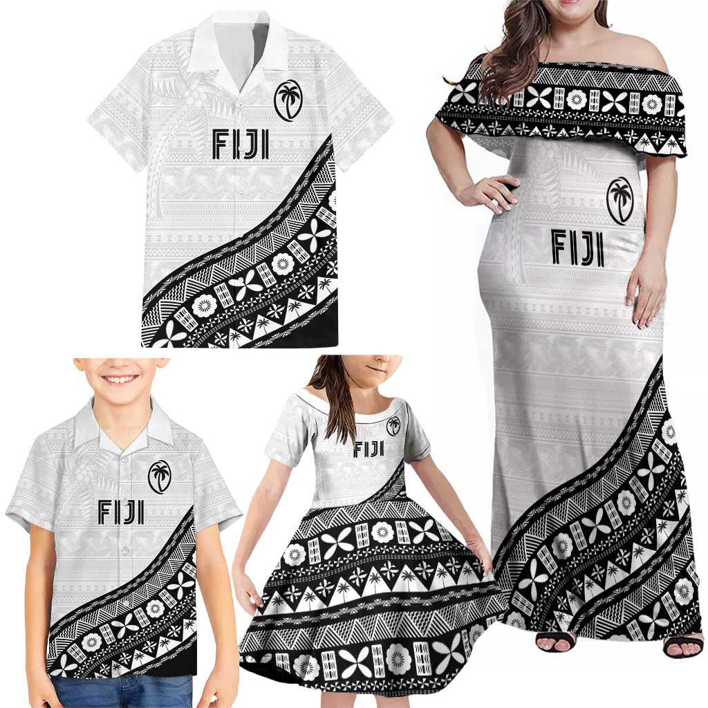 Custom Fijian Rugby Family Matching Off Shoulder Maxi Dress and Hawaiian Shirt Tapa Pattern and Palm Tree Tribal