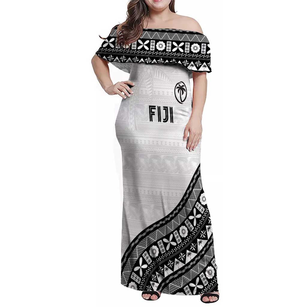 Custom Fijian Rugby Family Matching Off Shoulder Maxi Dress and Hawaiian Shirt Tapa Pattern and Palm Tree Tribal