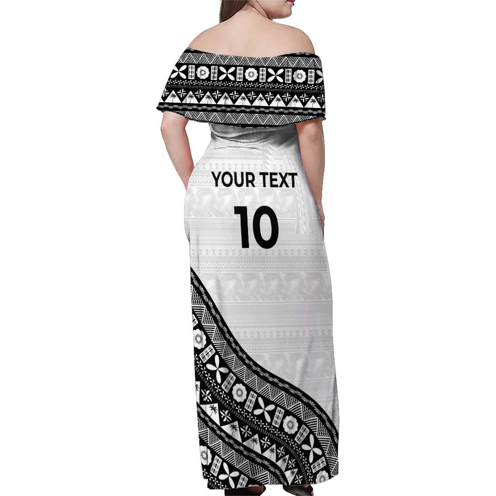 Custom Fijian Rugby Family Matching Off Shoulder Maxi Dress and Hawaiian Shirt Tapa Pattern and Palm Tree Tribal