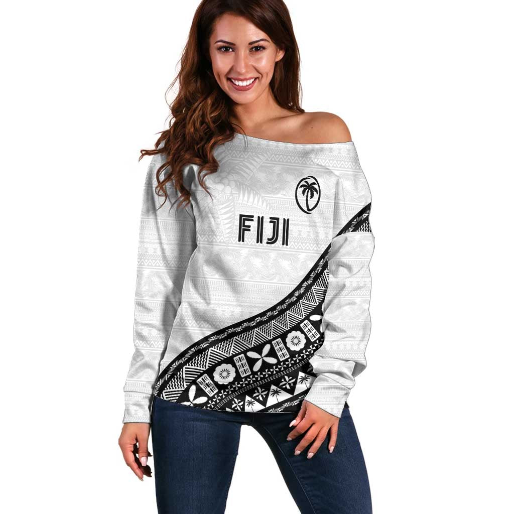 Custom Fijian Rugby Off Shoulder Sweater Tapa Pattern and Palm Tree Tribal
