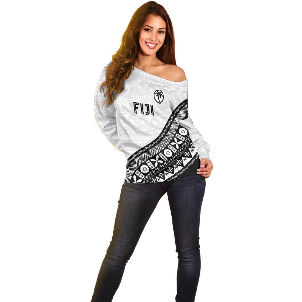 Custom Fijian Rugby Off Shoulder Sweater Tapa Pattern and Palm Tree Tribal