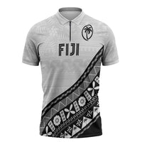 Custom Fijian Rugby Zipper Polo Shirt Tapa Pattern and Palm Tree Tribal LT03 White - Polynesian Pride