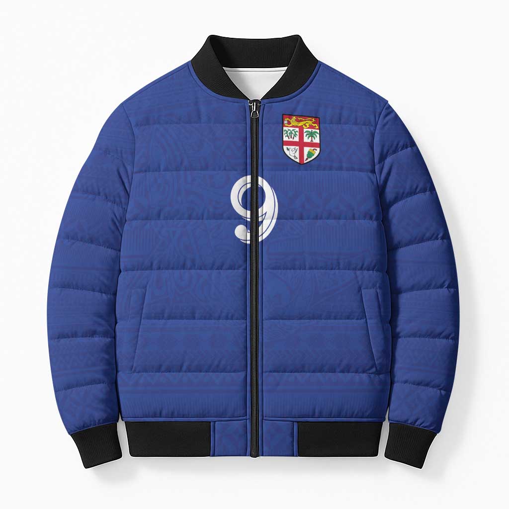 Custom Fijian Football Bomber Puffer Jacket Tapa Pattern and Shark Tribal LT03 Unisex Blue - Polynesian Pride