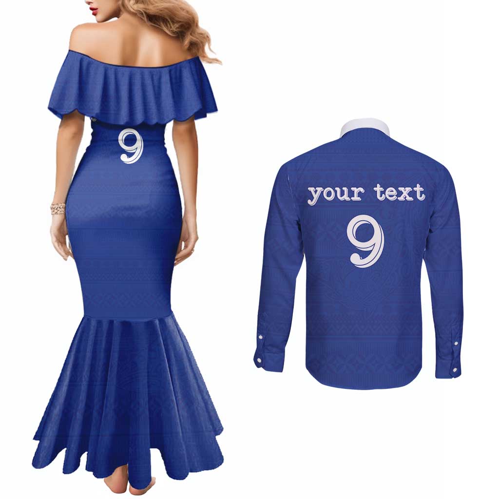 Custom Fijian Football Couples Matching Mermaid Dress and Long Sleeve Button Shirt Tapa Pattern and Shark Tribal