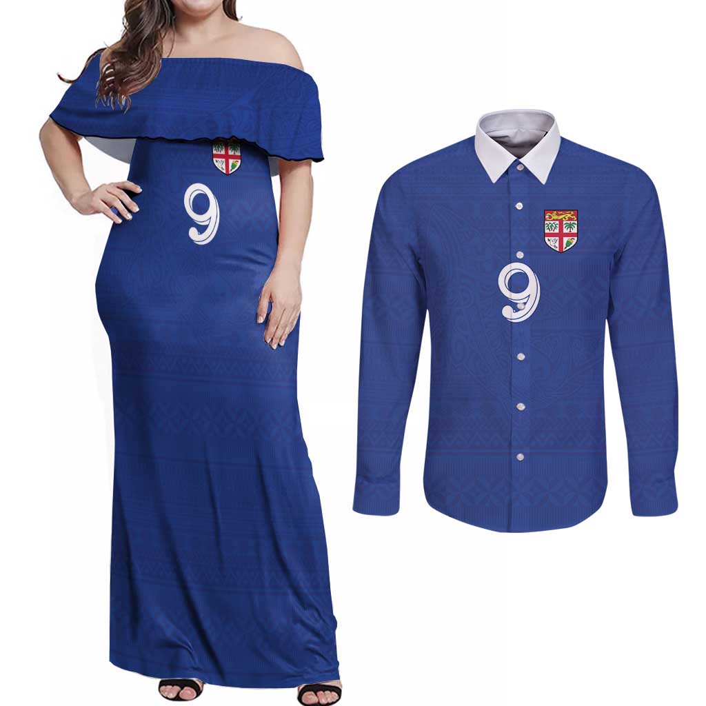 Custom Fijian Football Couples Matching Off Shoulder Maxi Dress and Long Sleeve Button Shirt Tapa Pattern and Shark Tribal LT03 Blue - Polynesian Pride
