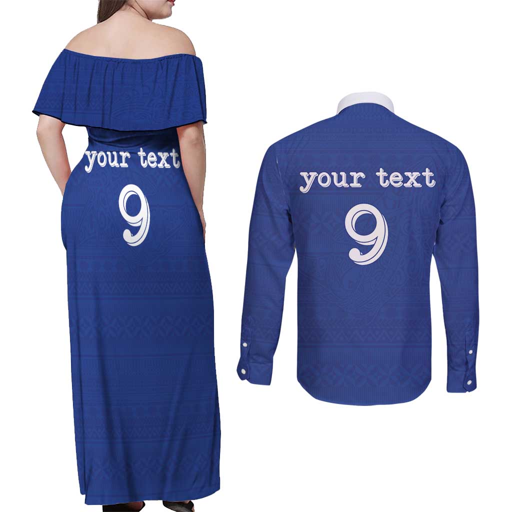 Custom Fijian Football Couples Matching Off Shoulder Maxi Dress and Long Sleeve Button Shirt Tapa Pattern and Shark Tribal LT03 - Polynesian Pride
