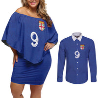Custom Fijian Football Couples Matching Off Shoulder Short Dress and Long Sleeve Button Shirt Tapa Pattern and Shark Tribal LT03 Blue - Polynesian Pride
